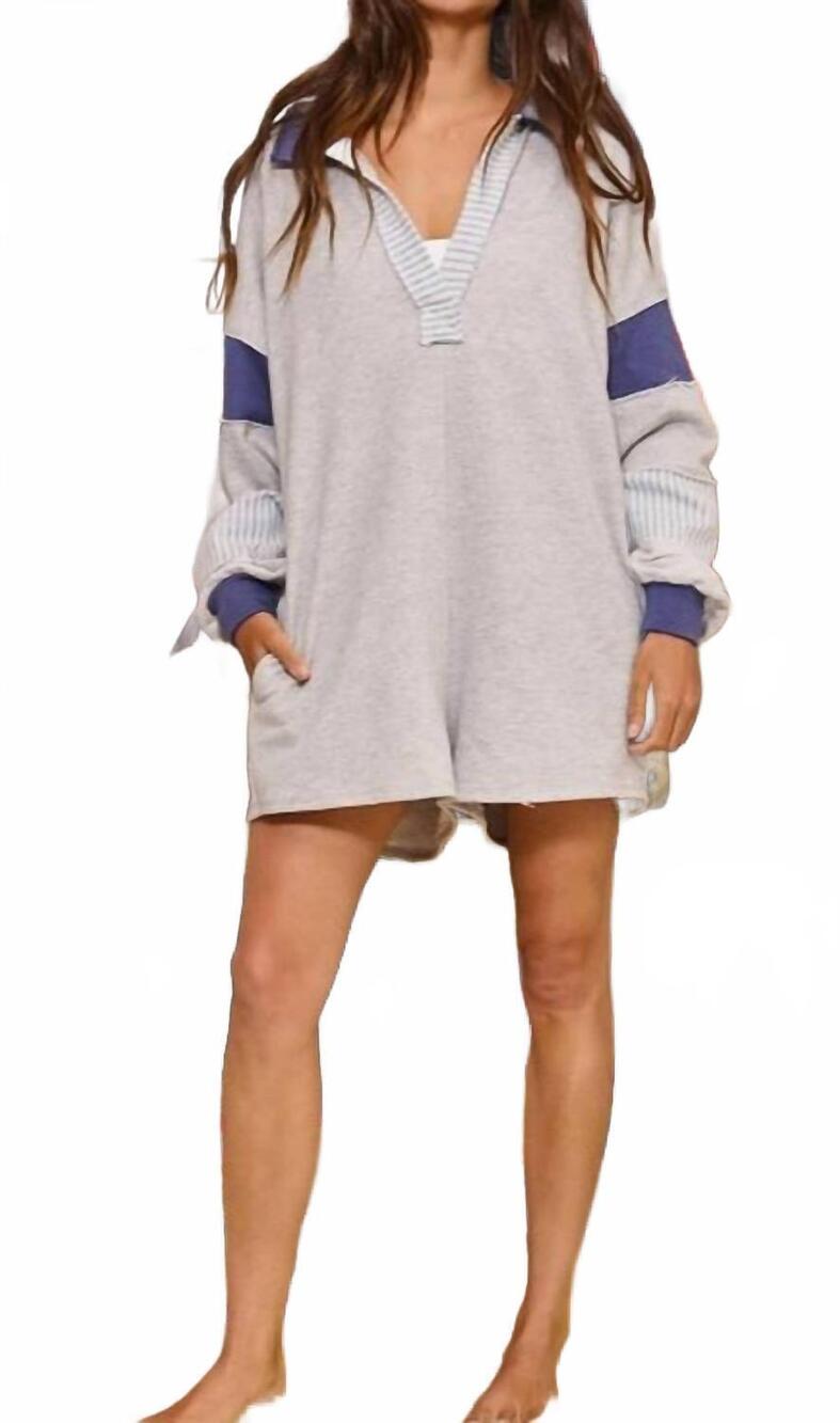 NEW BUCKETLIST french terry color block romper in grey and navy